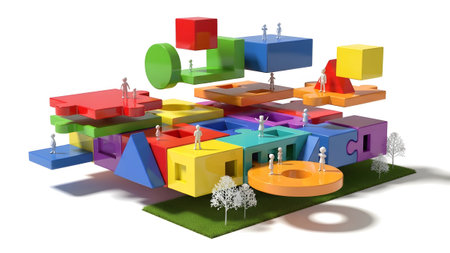 Colorful 3D puzzle pieces and geometric shapes are arranged in an abstract structure with tiny...