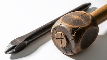 Close view of a dark metal punch tool and a weathered wooden mallet with visible grain on white.