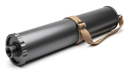 A dark gray cylindrical metal container with a tan fabric strap and a threaded screw cap sits on...