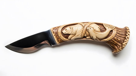 Seal showing curved hunting knife with detailed carved bone handle depicting bear and seal...