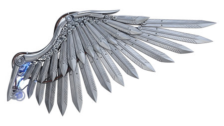 Detailed showing detailed metallic steampunk mechanical wing with glowing blue lights and gears....