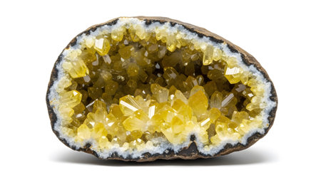 A halved geode a hollow interior lined with numerous sparkling yellow crystal formations on white.