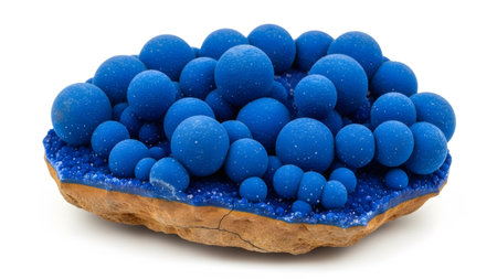 (1194).png showing cluster of vibrant blue azurite mineral spheres on a rough brown rock base....