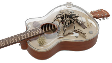 Detailed view of an acoustic guitar soundhole with a tarantula and desert inside....