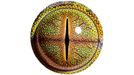 A close-up view of a reptilian eye reveals intricate green and yellow scales surrounding a sharp...