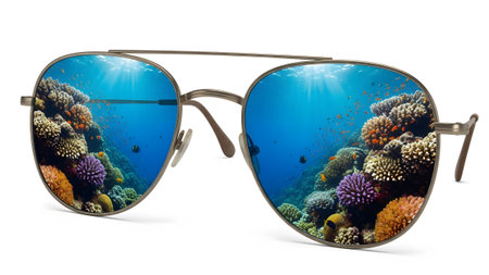 Detailed showing close-up of aviator sunglasses with a detailed reflection of a sunlit coral...
