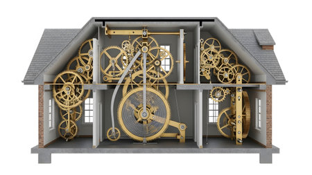 Detailed showing detailed cross-section of a house interior revealing intricate golden clockwork...
