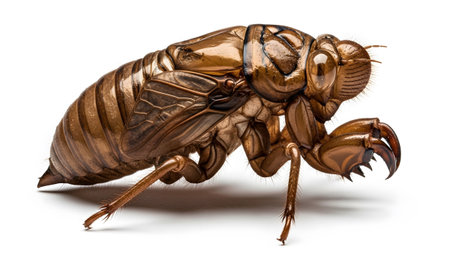 A close-up side view of a brown cicada exoskeleton, highlighting its detailed legs, antennae,...