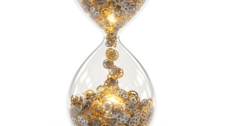 showing close-up of hourglass with golden gears flowing and accumulating at the bottom...