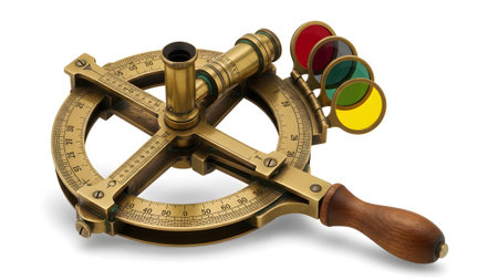 Sextant showing antique brass navigational sextant with telescope and colored filters on white....