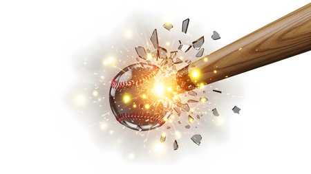 Impact showing baseball shattering into fragments upon impact with a wooden baseball bat with...