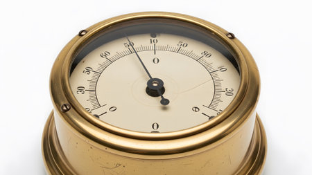 Antique showing antique brass gauge with cream dial and black needle showing zero reading on...