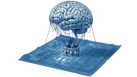 An anatomical brain forms a hot air balloon hovering over a detailed blue architectural...