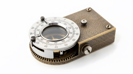 showing antique brass navigational instrument with a circular dial and glass lens on...