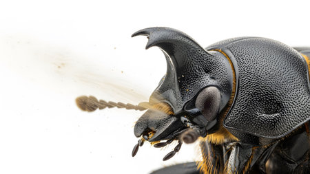 showing black scarab beetle with horn emitting dust against white background macro shot....