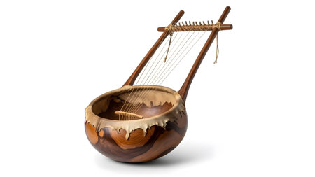 Bowl showing african lyre harp with polished wood bowl and natural skin drumhead on white.