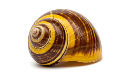 Snail showing side view of a brown and yellow striped snail shell with spiral detail.