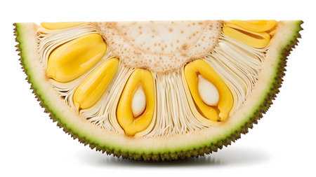 A cross section of a ripe jackfruit reveals bright yellow fleshy bulbs surrounding large brown...