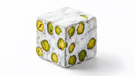A square piece of white Turkish delight is coated in powdered sugar and embedded with pistachios.