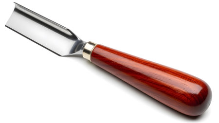 A polished steel gouge with a curved blade and a smooth, rich brown wooden handle isolated on a...