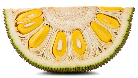 showing cross section of a ripe jackfruit showing yellow pods and seeds isolated on white....