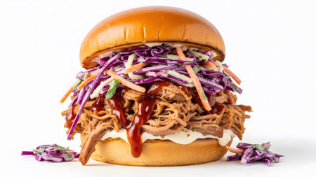 A large pulled pork sandwich with vibrant coleslaw and dripping BBQ sauce sits on a white surface.