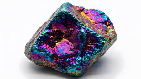 showing cubic iridescent chalcopyrite mineral with metallic rainbow sheen on white...