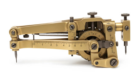An antique brass dividing engine with visible gears, a ruler scale, and precision pointers on a...