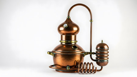 A copper alembic still a coiled condenser and a spherical vapor chamber against a white backdrop.