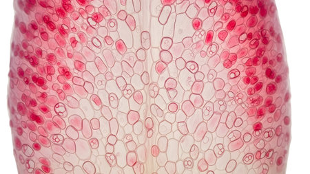 Cell showing extreme close-up of a plant petal showing translucent cells stained pink with...