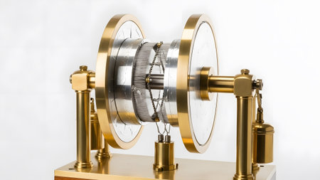 showing detailed view of a vintage brass and metal induction coil scientific apparatus...