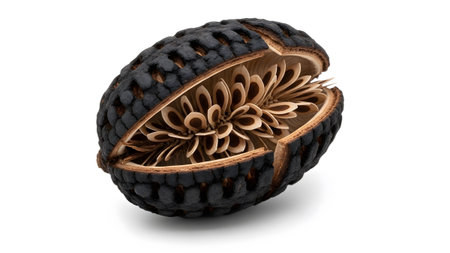 (443) showing dark brown textured seed pod with a black charred appearance and internal seeds....