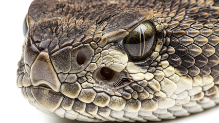 A detailed macro shot of a rattlesnake's head, highlighting its intricate scales, reflective...