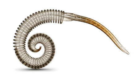 Coiled showing curled segmented structure with a tapered end, resembling a coiled tube or...