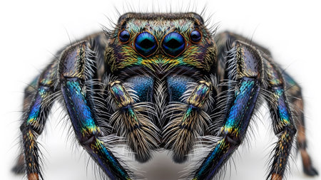 Extreme close-up of a jumping spider's head showing iridescent colors and large multifaceted eyes.