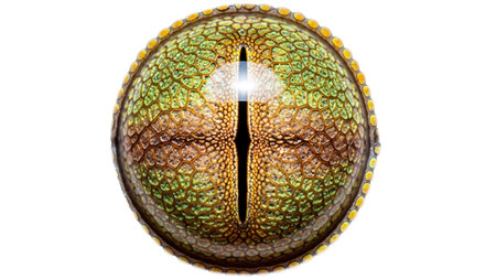 showing extreme close-up of a vibrant green and brown reptile eye with intricate scales...
