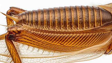 Brown showing detailed macro view of a brown grasshopper abdomen and legs with spiky texture....