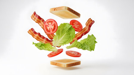 Ingredients showing floating sandwich ingredients bacon lettuce tomato and toast on white.