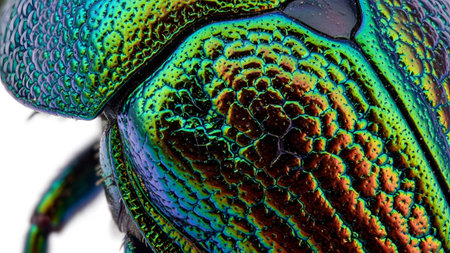Extreme macro shot reveals the iridescent, metallic green exoskeleton of a beetle, displaying a...