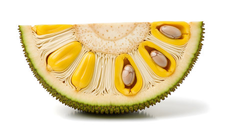 A cross section of a ripe jackfruit reveals bright yellow fleshy bulbs surrounding large brown...