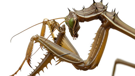 Isolated showing extreme close-up of a spiky brown praying mantis with green eyes on a white...
