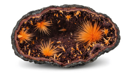 A cross-section of a geode sharp orange crystals radiating from a dark brown, rough interior.