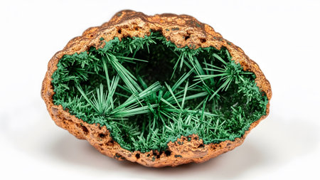 Copper showing geode with vibrant green acicular malachite crystals growing inside a copper...