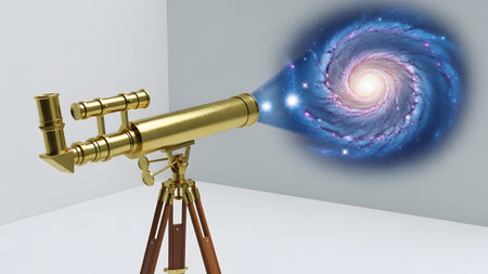 Tripod showing golden telescope on a wooden tripod projecting a blue and pink galaxy onto a...