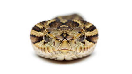 A frontal close-up of a brown and tan rattlesnake's head, revealing detailed scale patterns and...