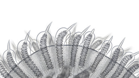 With showing detailed microscopic view of cilia structures with segmented stalks and pointed...