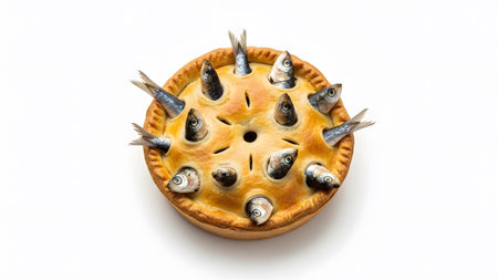 Baked showing golden baked fish pie with sardines emerging from numerous small holes in the...の写真素材