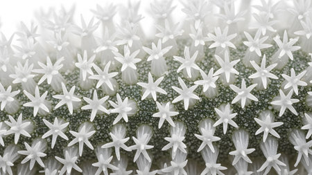 An extreme close-up reveals a dense pattern of tiny white star-shaped structures emerging from a...