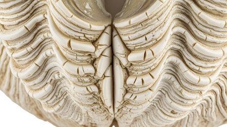 Intricate showing extreme close-up of the textured, layered surface of a large seashell in...