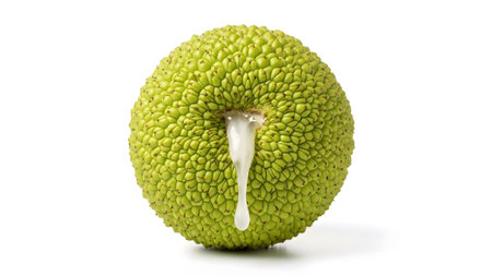 Background showing green osage orange fruit with white sap dripping from its base on white...